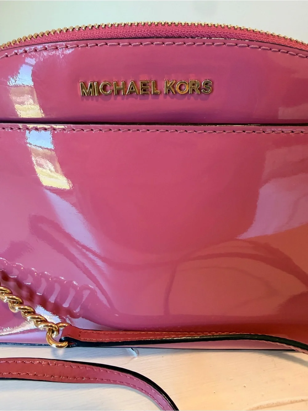 Michael Kors Fuchsia Patent Leather Crossbody with Gold Chain